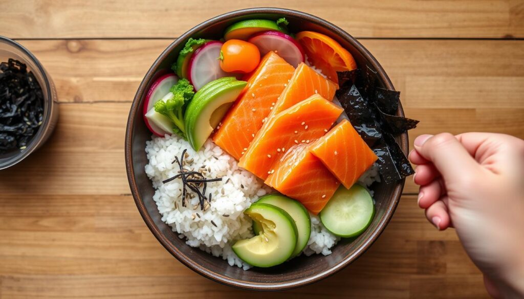 Assembling the Salmon Rice Bowl