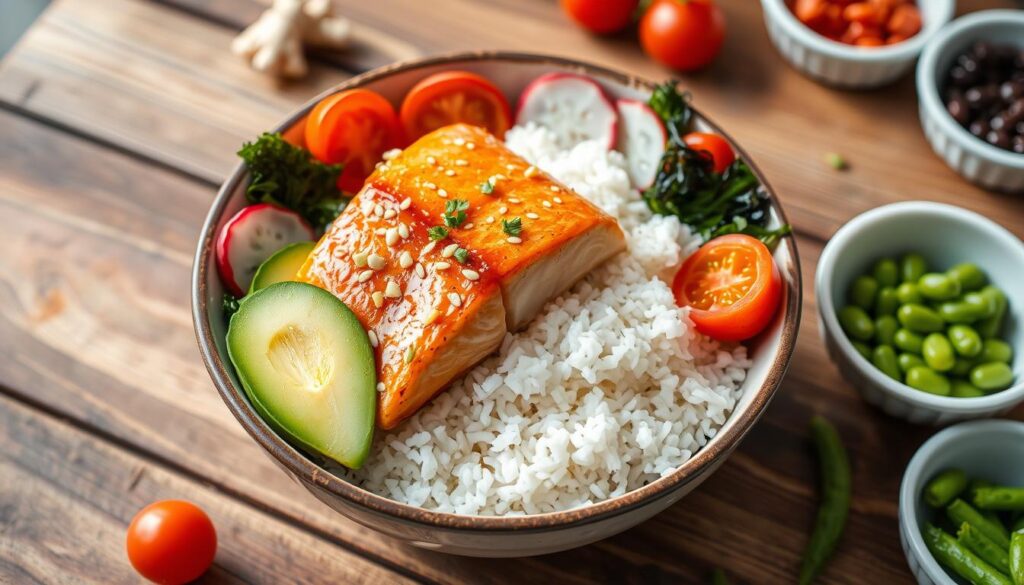 Customizable salmon rice bowl