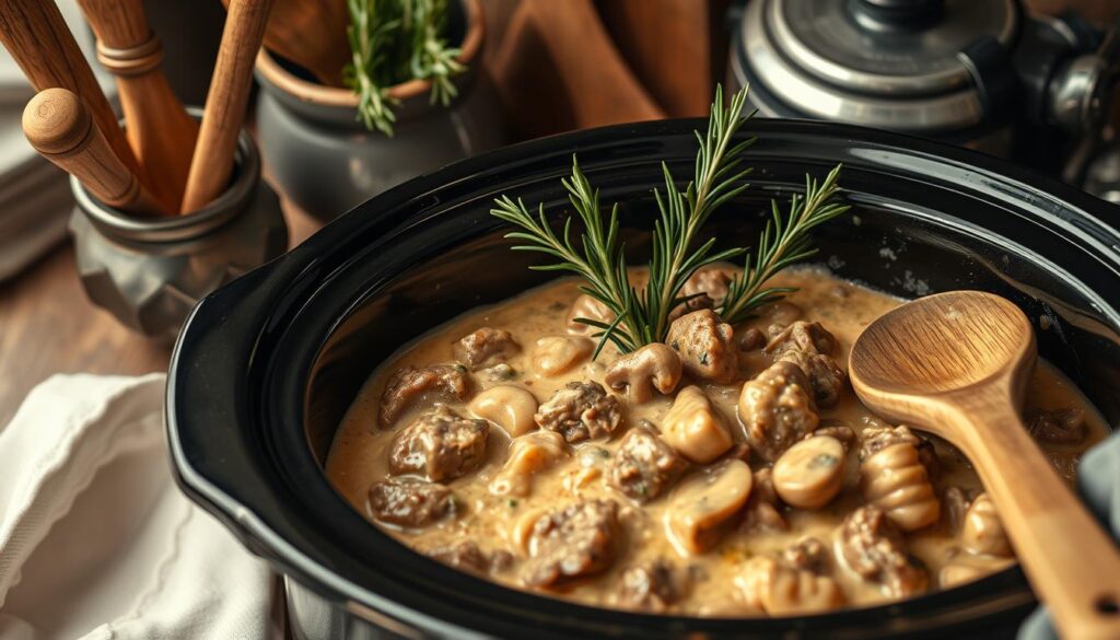 Easy beef stroganoff slow cooker recipe with rosemary