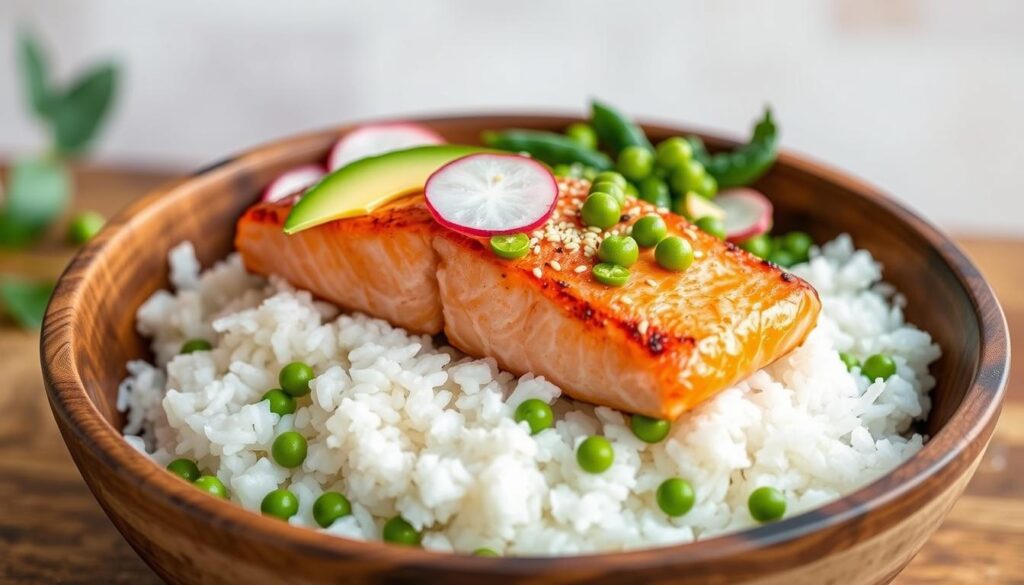 Salmon rice bowl with toppings